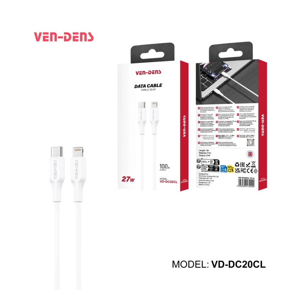 Ven-Dens USB C to Lightning Braided Cable 27W 1m White