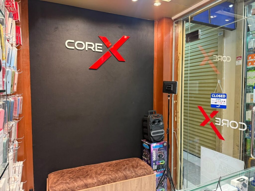 Core X Lanka logo wall inside the shop in Pettah